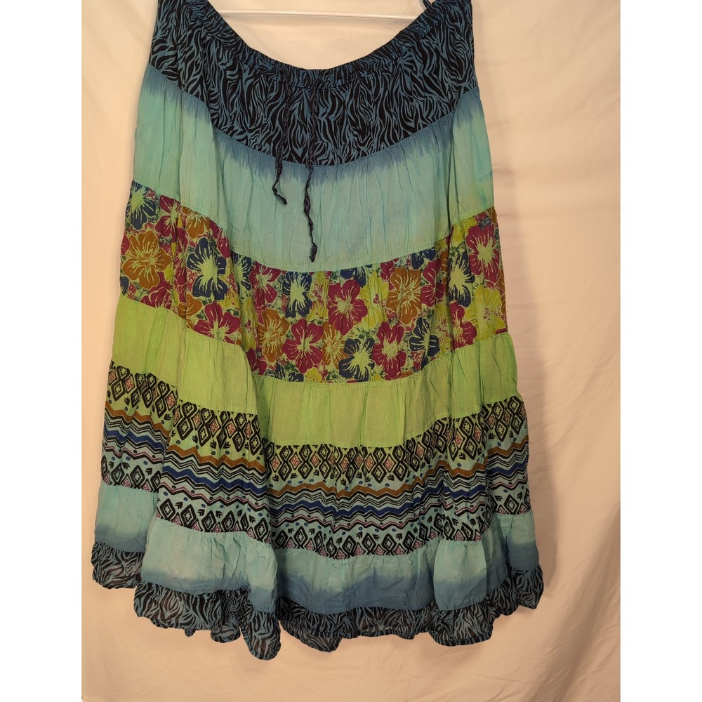 Jane Ashley Blue Green Floral Tribal Patchwork Tiered Cotton Maxi Skirt 3X